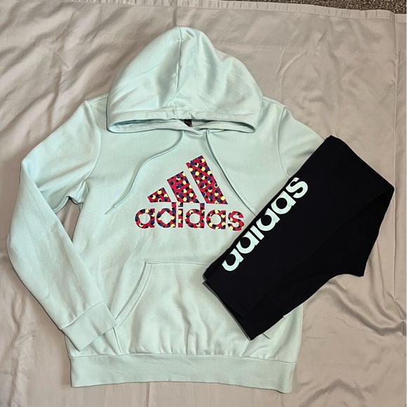 Adidas Baby Blue Mint Sweatshirt Pullover Polka Dot Hoodie Women’s Sz Large - Picture 4 of 10